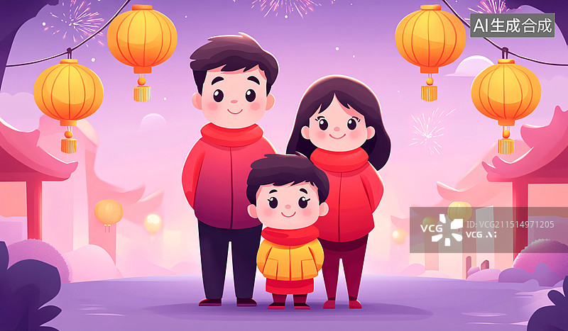 【AI数字艺术】一家人团圆全家福家庭幸福团聚节日聚会插画图片素材