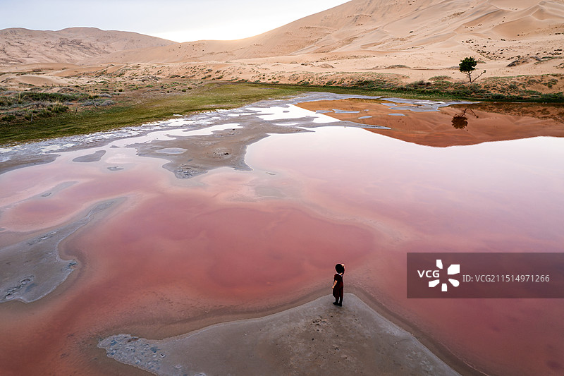 中国西部内蒙古阿拉善右旗巴丹吉林沙漠粉红湖图片素材