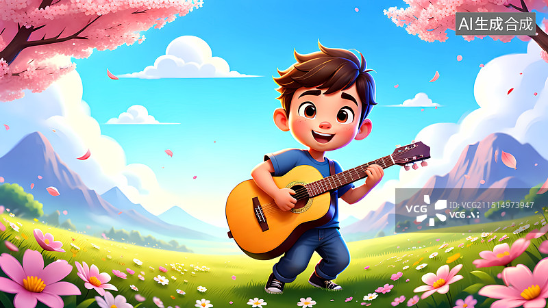 【AI数字艺术】男孩弹吉他三维插画图片素材