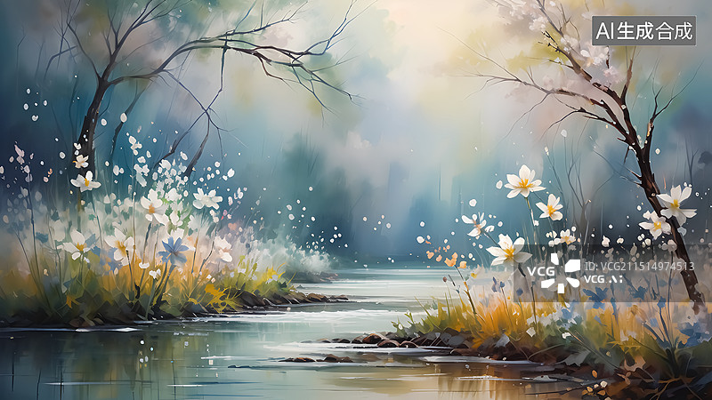 【AI数字艺术】春天户外田野花朵插画图片素材