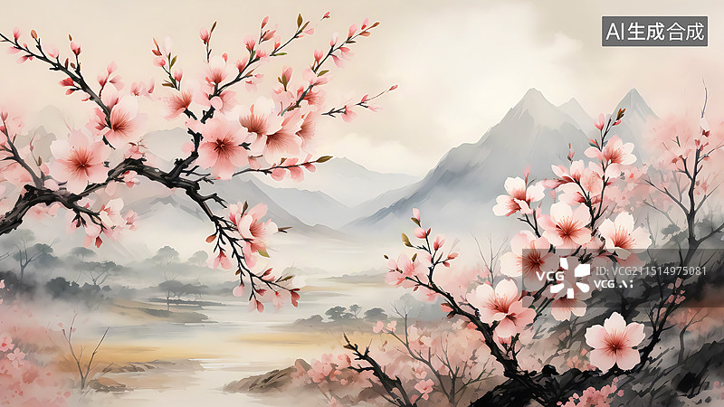 【AI数字艺术】春天桃花山水画图片素材
