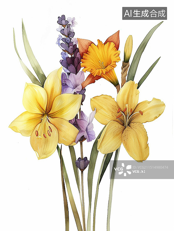 【AI数字艺术】水彩手绘风格多彩花束图片素材