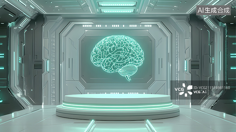 【AI数字艺术】科技脑机大脑医疗展示台背景图片素材