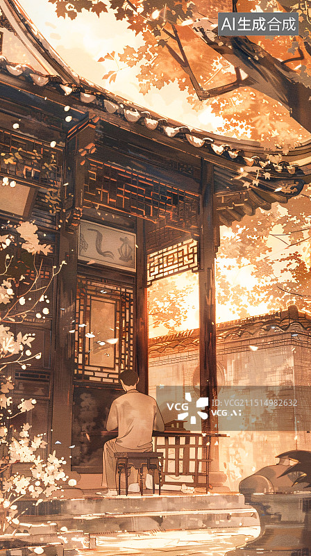 【AI数字艺术】国风中式庭院插画图片素材