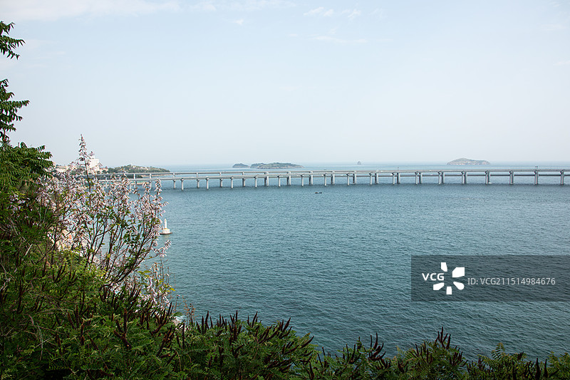 跨海大桥风光，大桥将海洋和天空分界，和岸边山上的树木，大连滨海城市风光图片素材