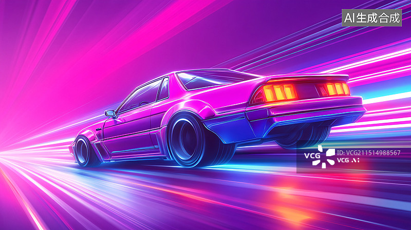 【AI数字艺术】汽车复古蒸汽波霓虹灯抽象艺术风格怀旧插画图片素材