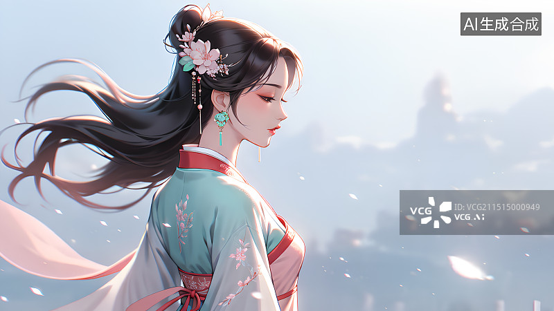【AI数字艺术】手绘古风人物，古代女性，少女，汉服，古装，传统服饰，中国风人物插画图片素材