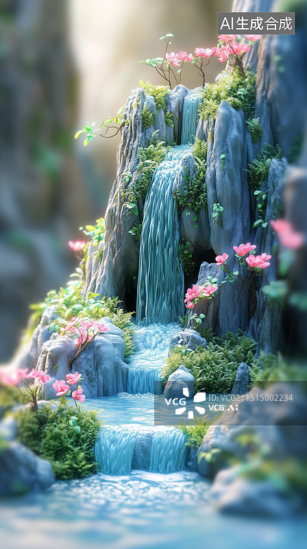 【AI数字艺术】神话传说西游记花果山水帘洞瀑布3D插画图片素材