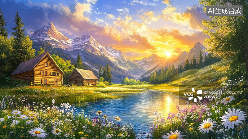 【AI数字艺术】雪山下的小屋，有小花，小草和湖水，很美丽的照片图片素材
