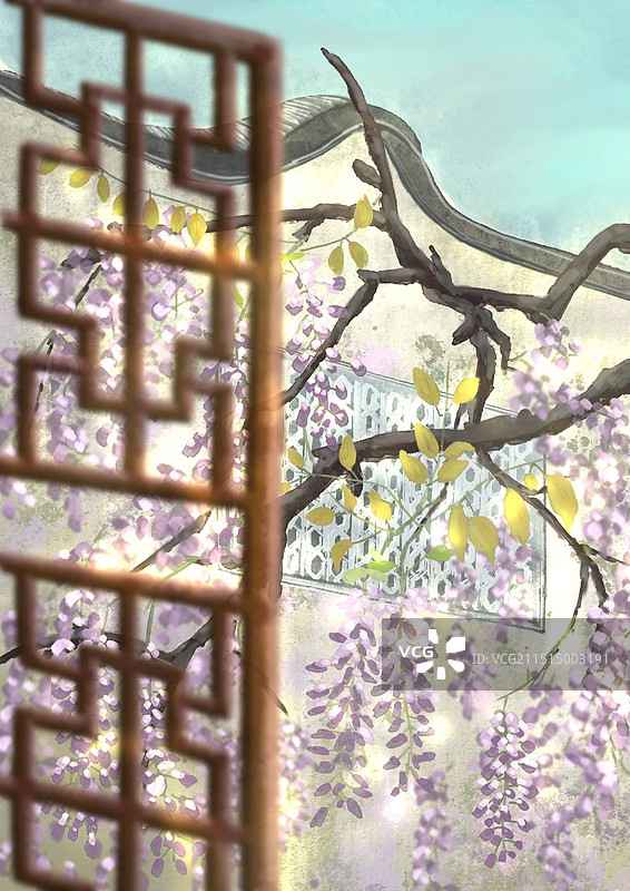 推窗可见的紫藤花图片素材