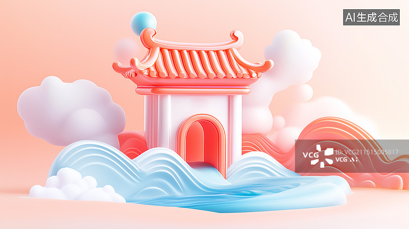 【AI数字艺术】3D创意中国风传统建筑大门图片素材