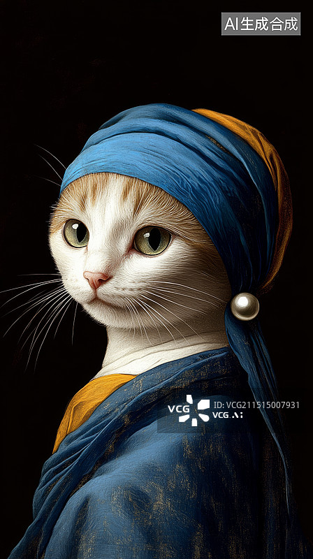 【AI数字艺术】戴珍珠耳环的古典小猫咪少女装扮图片素材