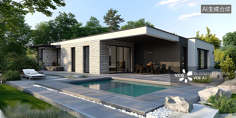 【AI数字艺术】现代住宅设计,带游泳池和石材外墙图片素材