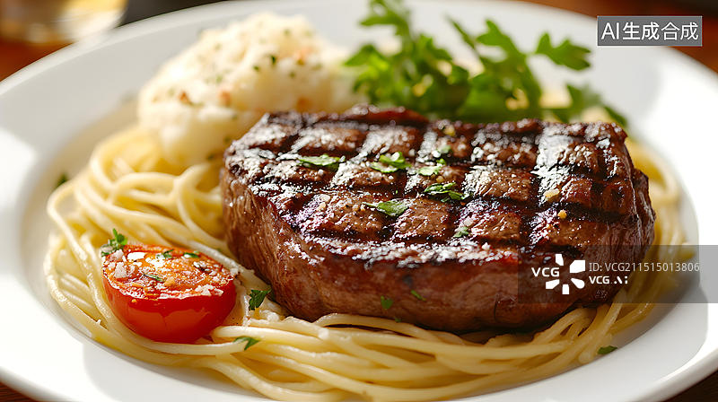 【AI数字艺术】烤牛排配意大利面和土豆泥图片素材