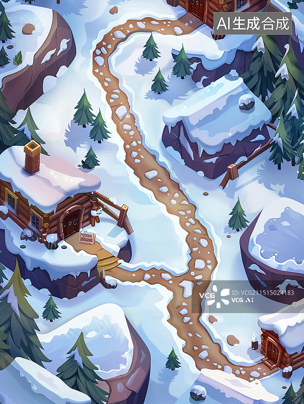 【AI数字艺术】下雪的小村庄 俯视图片素材