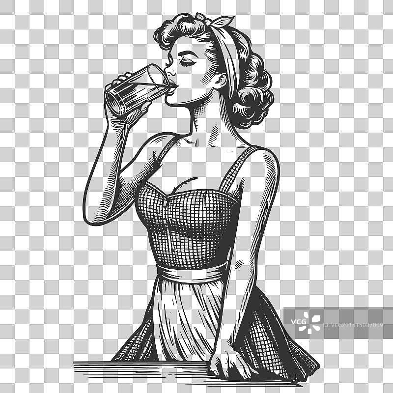 女人喝玻璃杯中的水雕刻图片素材