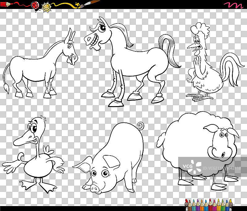 卡通农场动物角色涂色页图片素材