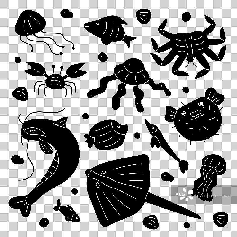 鱼类和水母剪影涂鸦图案图片素材