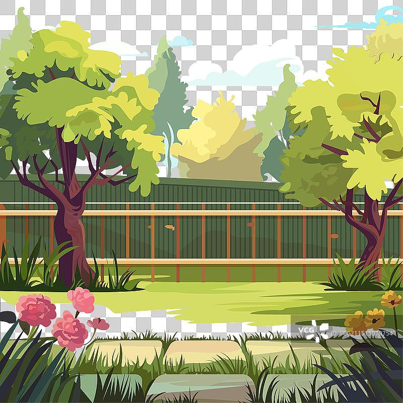 卡通彩色花园后院和木栅栏图片素材