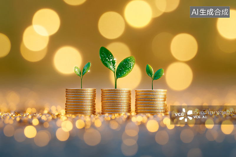 【AI数字艺术】植物树苗金币金融储蓄理财投资概念插图背景图片素材
