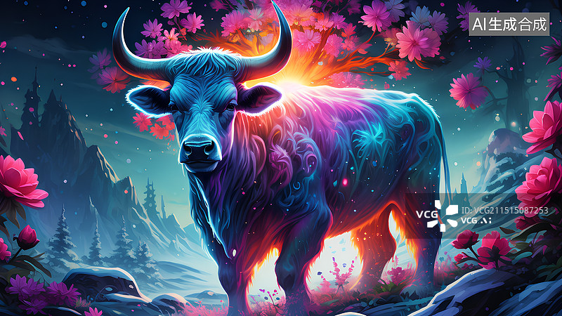 【AI数字艺术】牛插画 走在路上的牛图片素材