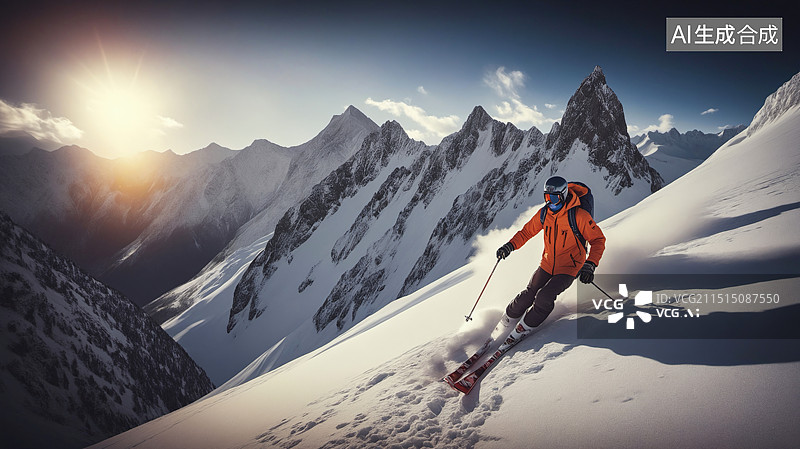 【AI数字艺术】雪山飞驰的滑雪者瞬间图片素材