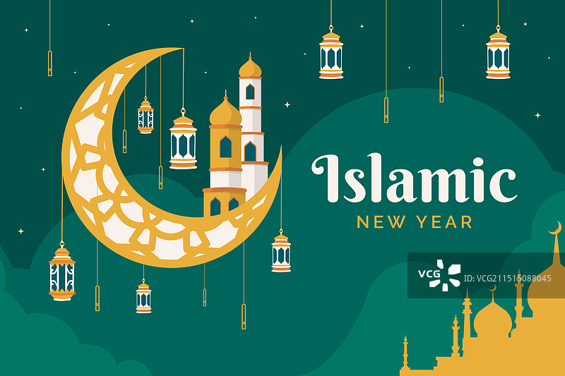 伊斯兰新年庆祝活动扁平背景图片素材