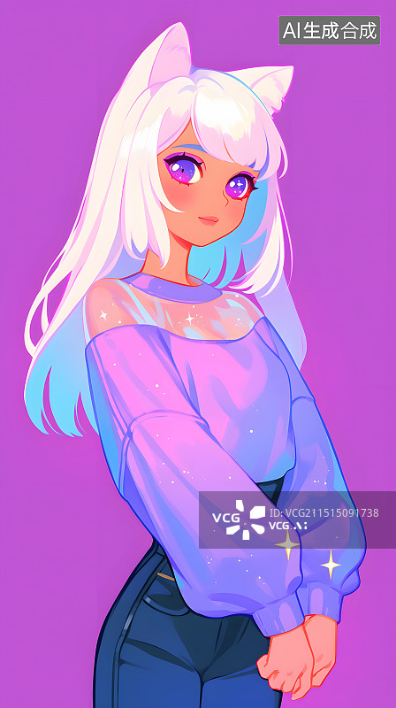 【AI数字艺术】紫色猫耳少女清新俏皮可爱壁纸配图插画灵动二次元图片素材