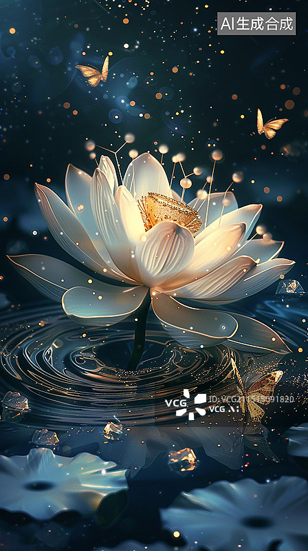 【AI数字艺术】光感金色光点莲花睡莲图片素材