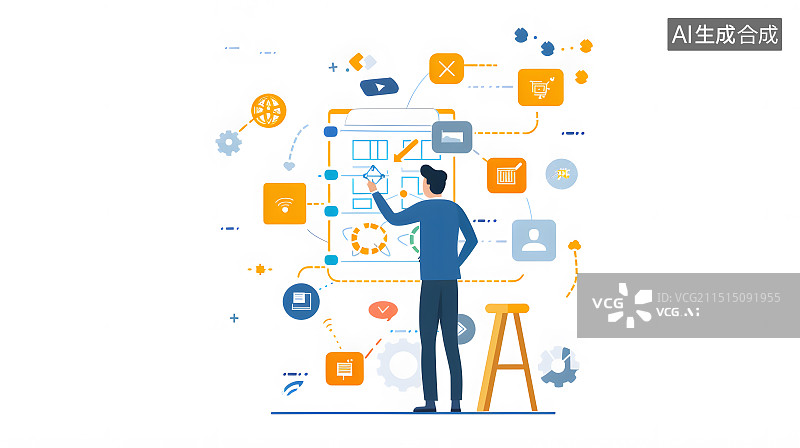 【AI数字艺术】矢量扁平风格插画商务人士在办公室工作数据可视化图表设计会议图片素材
