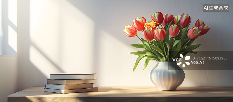 【AI数字艺术】阳光下花卉与书本背景图片素材