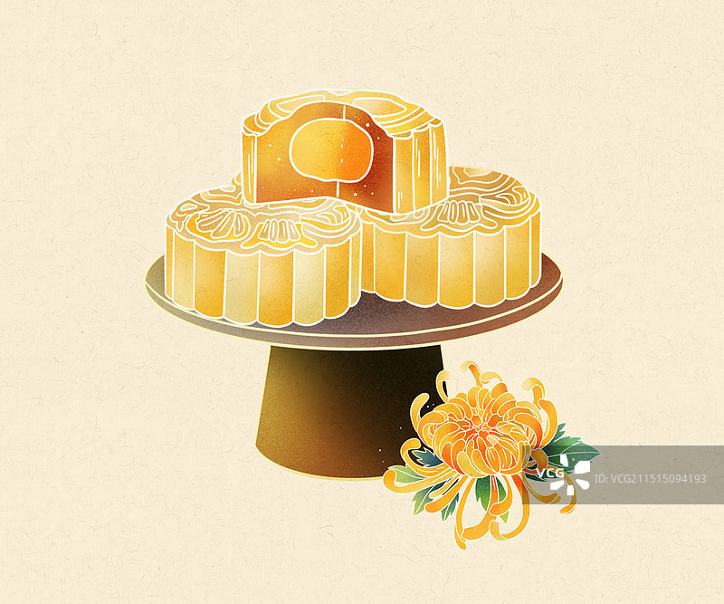 线描国风插画中秋月饼与菊花图片素材