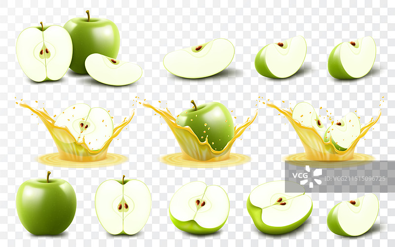 透明背景上的绿色苹果合集图片素材