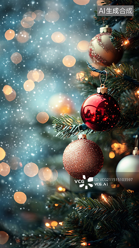 【AI数字艺术】夜晚圣诞树上的装饰和彩灯背景图片素材