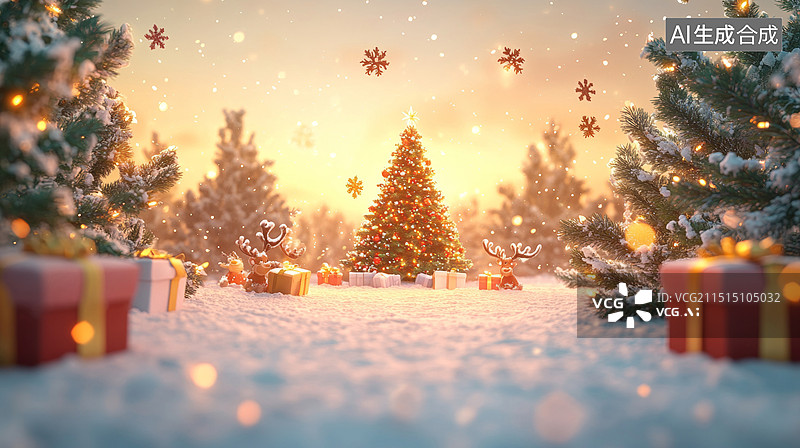 【AI数字艺术】雪地里的圣诞树和圣诞礼物图片素材