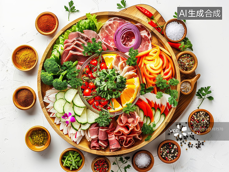 【AI数字艺术】在木盘上的健康有机食品俯视摄影图图片素材