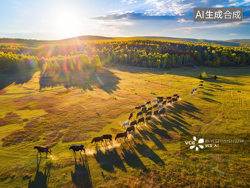 【AI数字艺术】金秋草原牧场航拍视角图片素材