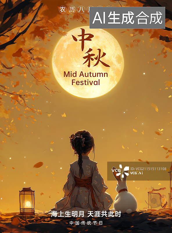 【AI数字艺术】女孩背影和兔子在大月亮前面，中秋节海报图片素材