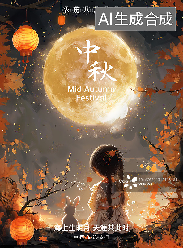 【AI数字艺术】女孩背影和兔子在大月亮前面，中秋节海报图片素材
