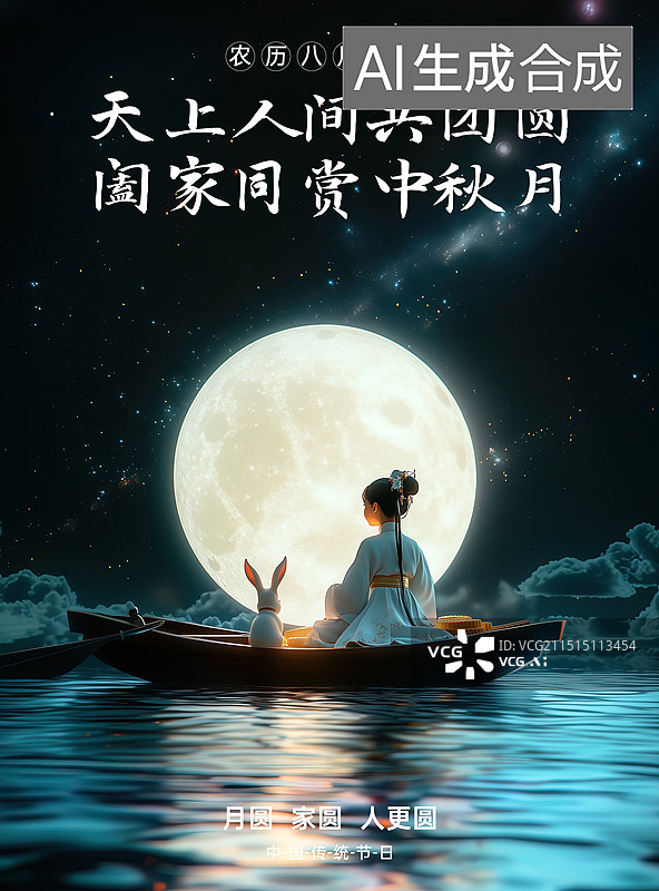 【AI数字艺术】女孩背影和兔子在大月亮前面，中秋节海报图片素材