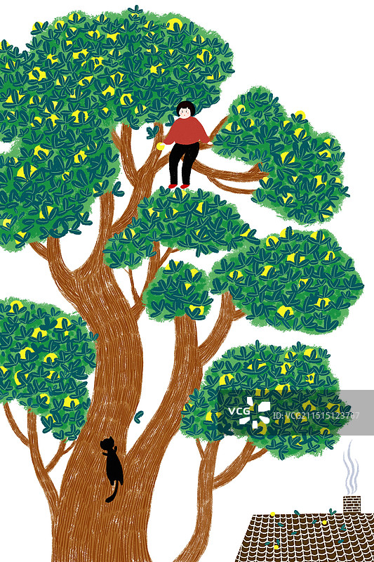 手绘插画秋天乡村大树上的孩子图片素材