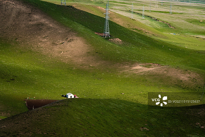 青海湖蔚蓝色的湖水，嫩绿色的草原和蓝天白云，公路蜿蜒，牛羊成群，日出时分温暖的光线和彩色的朝霞图片素材