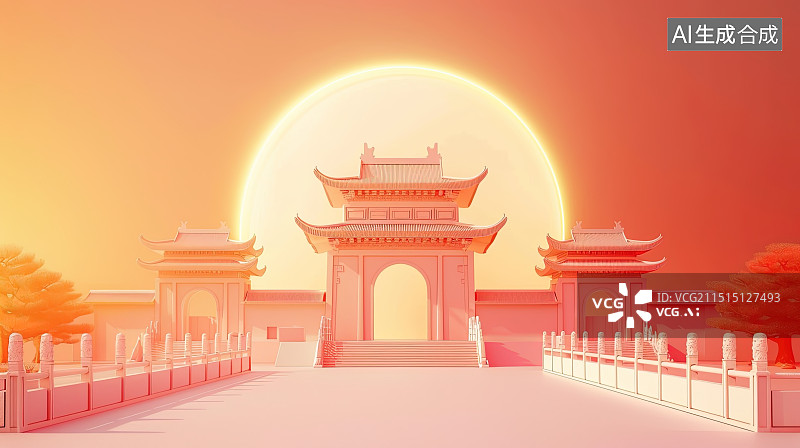 【AI数字艺术】3D中国古建筑舞台灯光新年背景电商背景图片素材