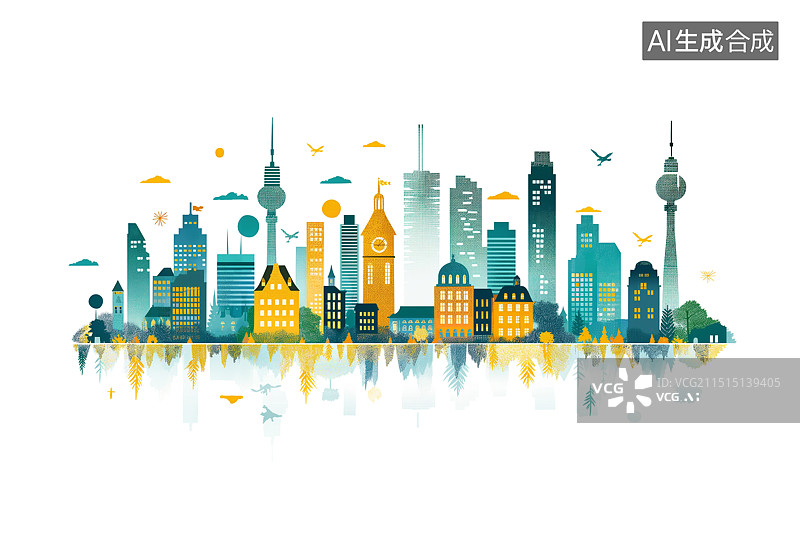 【AI数字艺术】城市建筑风景水彩插画图片素材