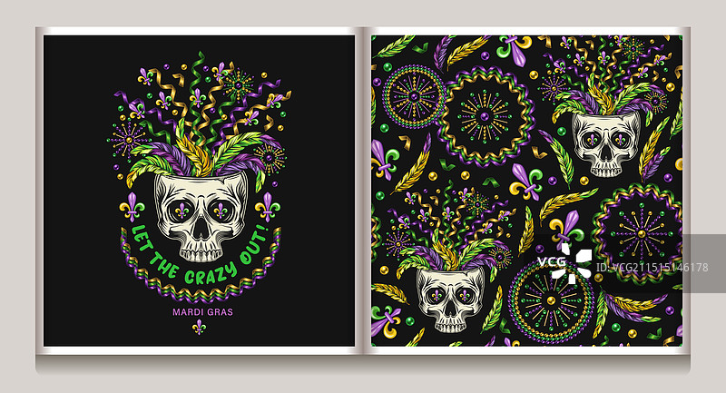 带有骷髅羽毛的狂欢节图案标签图片素材