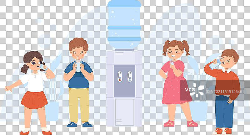 儿童从饮水机喝水卡通图片素材
