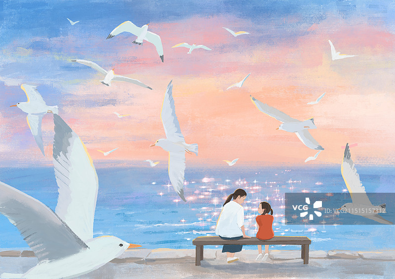 亲子海边妈妈女儿暑期看海背影温馨海鸥海面图片素材