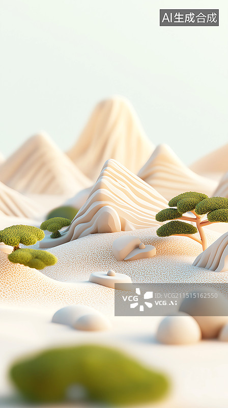 【AI数字艺术】3D粘土质感中国风插画——高山地形与松树盆景图片素材