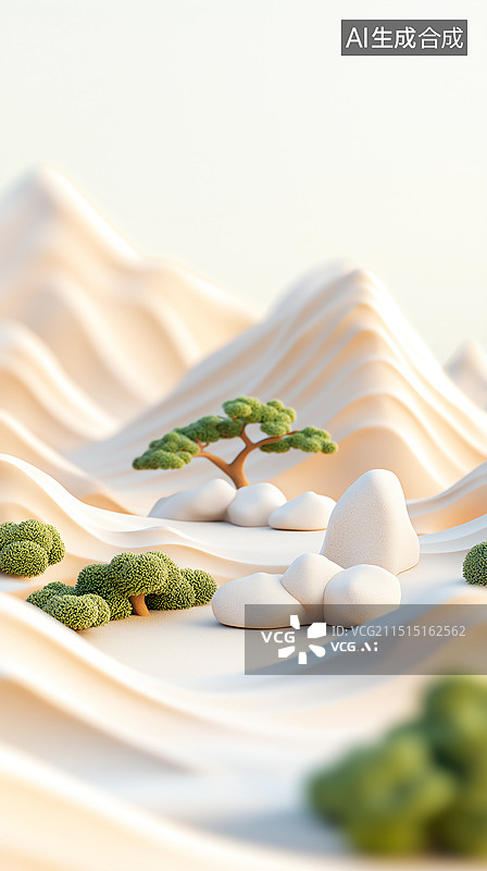 【AI数字艺术】3D粘土质感中国风插画——高山地形与松树盆景图片素材
