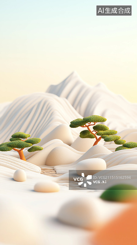 【AI数字艺术】3D粘土质感中国风插画——高山地形与松树盆景图片素材